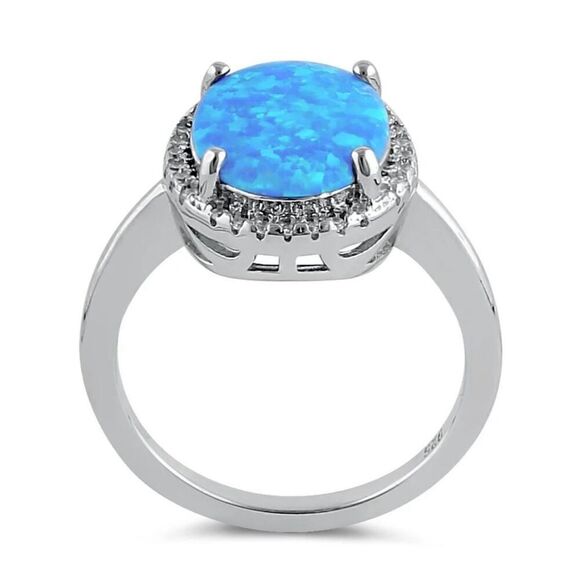 New Sterling Silver Blue Opal Oval Halo Clear CZ Ring - Picture 2 of 3